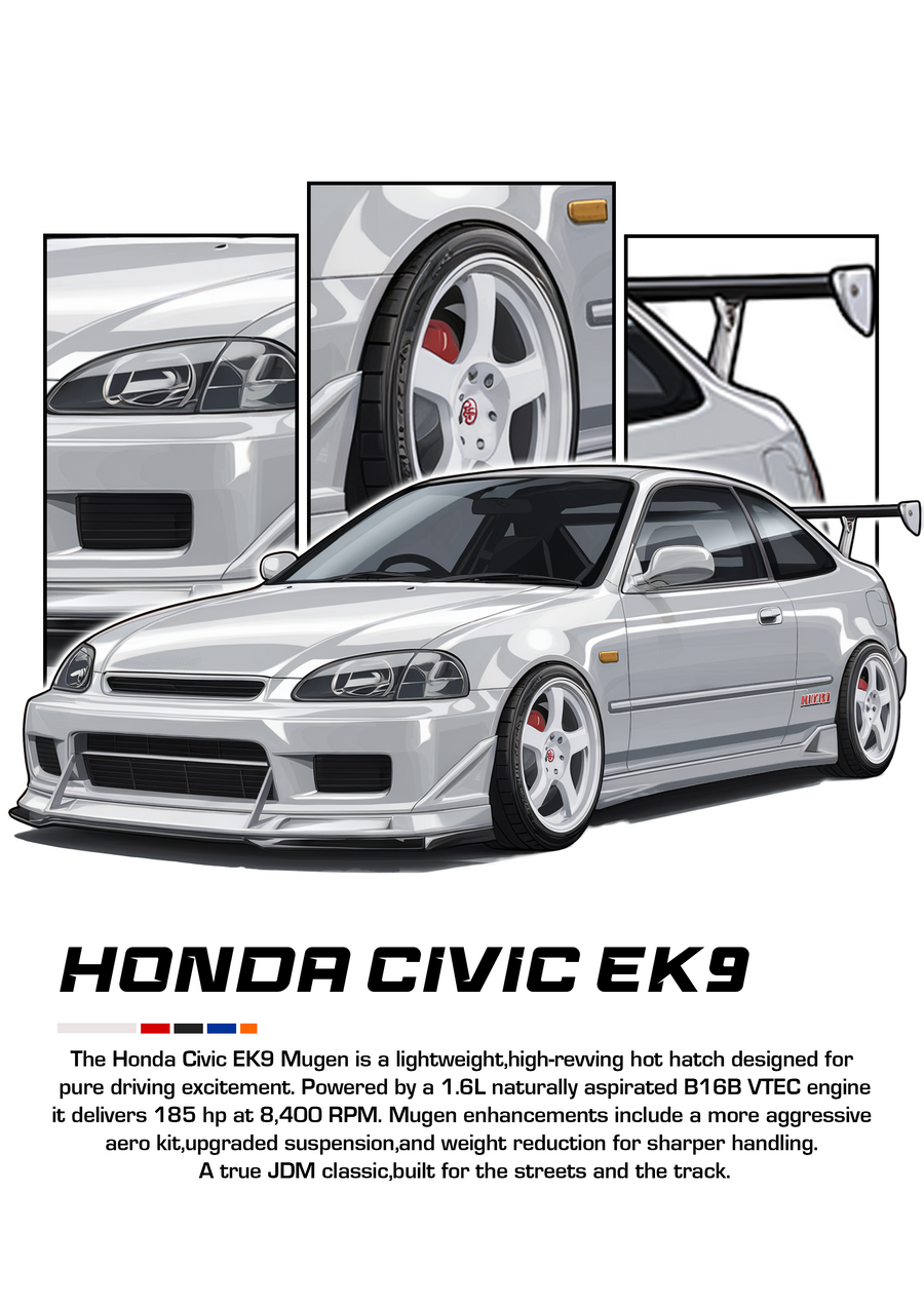 Honda Civic EK9 - the Honda Civic EK9 drawn as a tuner-style illustration in white, with cutaway panels above, on a metal wall art plate