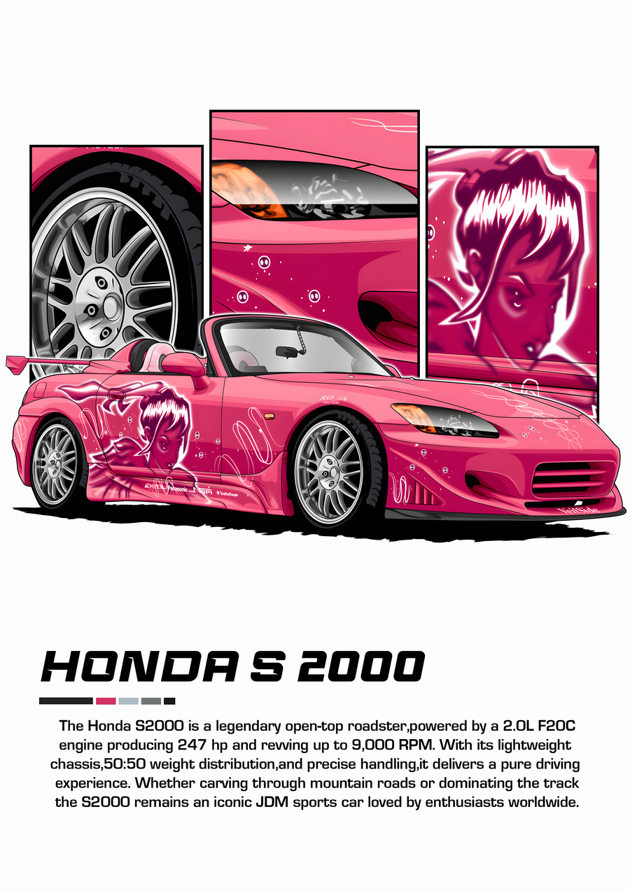 Honda S2000 - the Honda S2000 drawn as a tuner-style illustration in pink, with cutaway panels above the car, on a metal wall art plate
