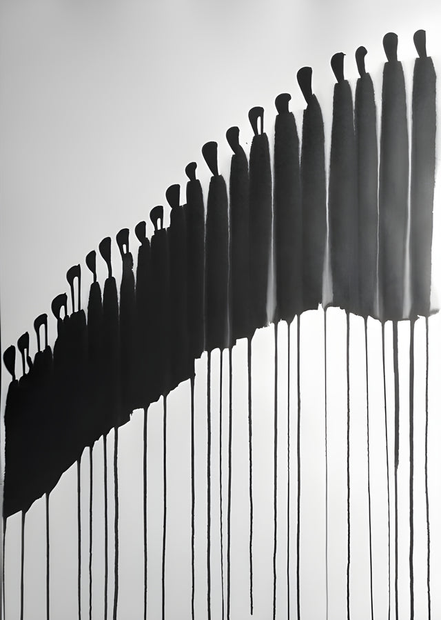 Horizon of Figures - a crowd reduced to silhouettes along a rising line, the paint running down beneath them, on a metal wall art plate