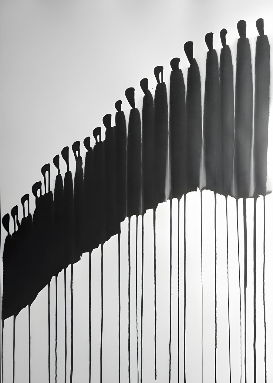 Horizon of Figures - a crowd reduced to silhouettes along a rising line, the paint running down beneath them, on a metal wall art plate