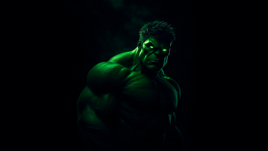 Hulk – Green Light - the figure lit green out of total black, arms loose at the sides, on a metal wall art plate
