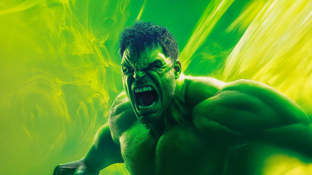 Hulk – Roar - the roar filling the frame, acid green throwing light in every direction, on a metal wall art plate