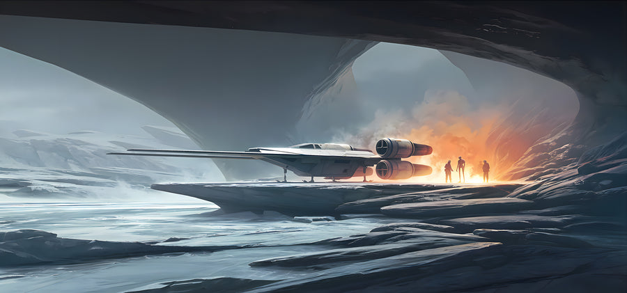 Ice Planet – Convoy - ships crossing a frozen plain under an arch of ice, tiny figures below, on a metal wall art plate