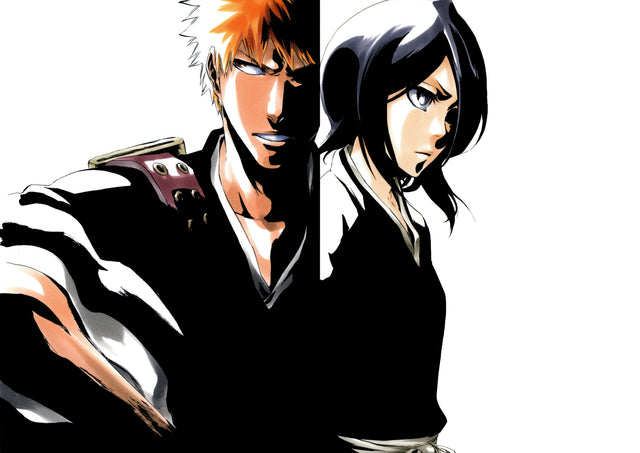 Ichigo and Rukia – Back to Back - ichigo and Rukia back to back, split black and white, on a metal wall art plate