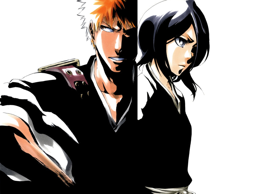 Ichigo and Rukia – Back to Back - ichigo and Rukia back to back, split black and white, on a metal wall art plate