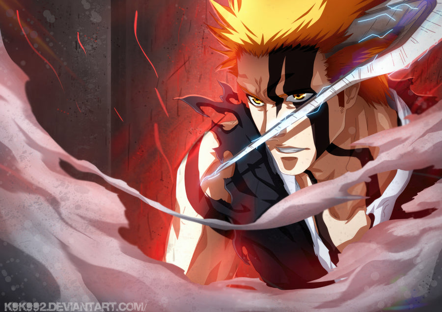 Ichigo Kurosaki – Blade Drawn - ichigo surging forward through red mist, blade low, on a metal wall art plate