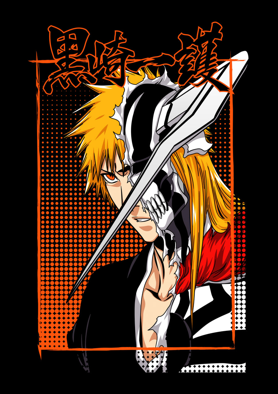 Ichigo Kurosaki – Halftone - ichigo in orange halftone with his name in kanji above, on a metal wall art plate