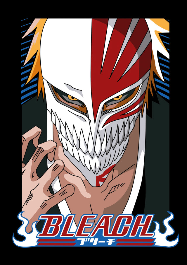 Ichigo Kurosaki – Hollow Mask - ichigo's hollow mask filling the frame above the series logo, on a metal wall art plate