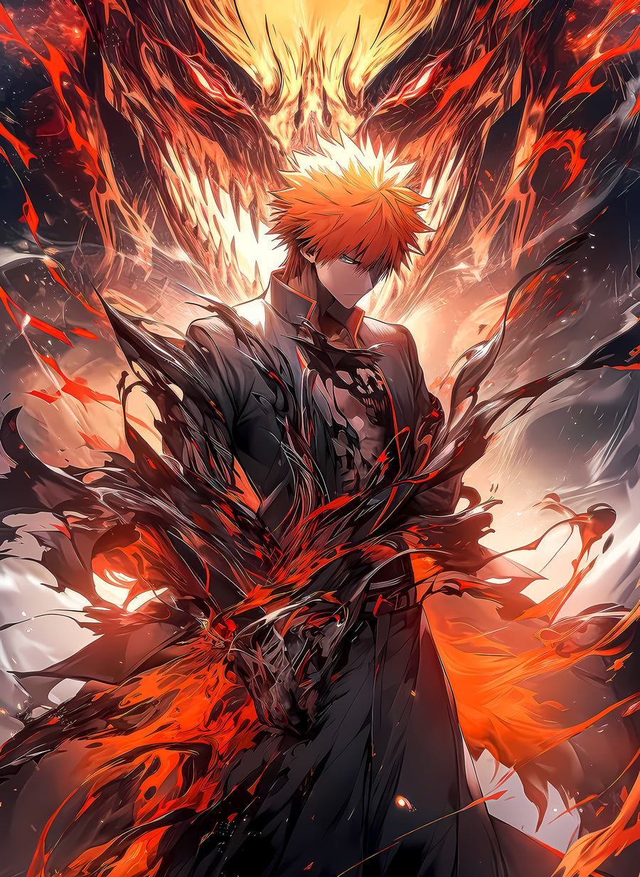 Ichigo Kurosaki – In Black - ichigo in torn black and orange, spiritual pressure tearing off him, on a metal wall art plate