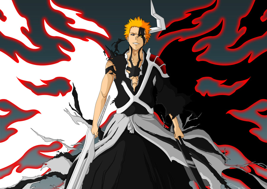 Ichigo Kurosaki – In Flame - ichigo in white against torn red and black flame, on a metal wall art plate