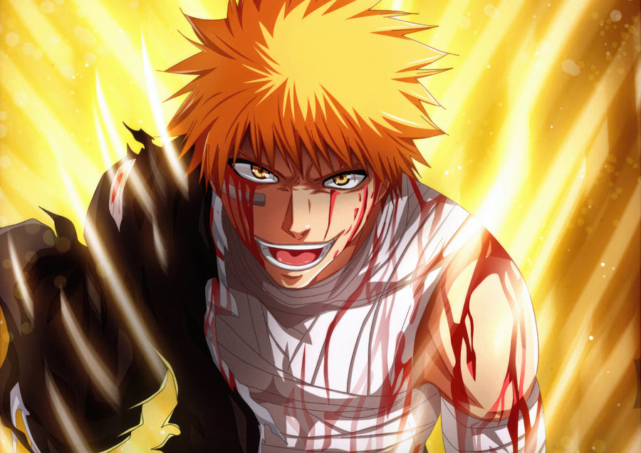 Ichigo Kurosaki – In Gold - ichigo bloodied and grinning against a burst of gold, on a metal wall art plate