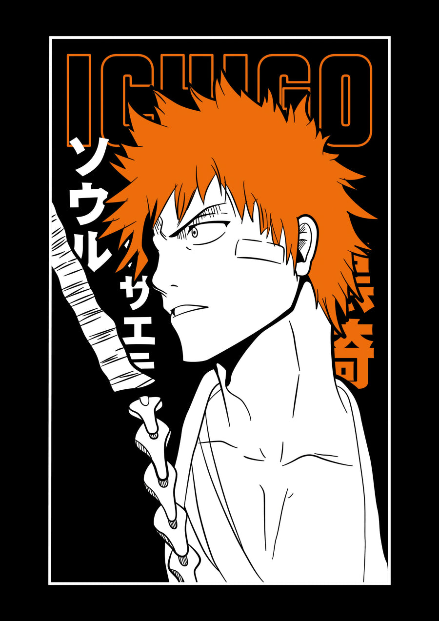 Ichigo Kurosaki – In Orange - ichigo in white line on black, his name in orange above, on a metal wall art plate