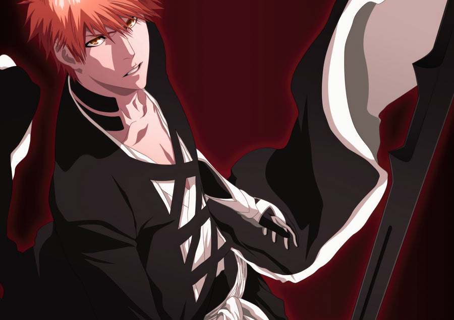Ichigo Kurosaki – In Red - ichigo in black shihakusho against deep red, blade drawn low, on a metal wall art plate
