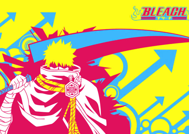 Ichigo Kurosaki – Portrait 2 - ichigo in flat pop-art colour with arrows and the series logo, on a metal wall art plate