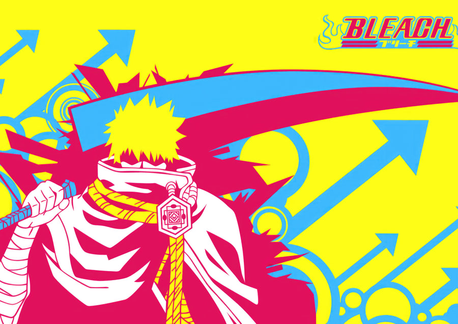 Ichigo Kurosaki – Portrait 2 - ichigo in flat pop-art colour with arrows and the series logo, on a metal wall art plate