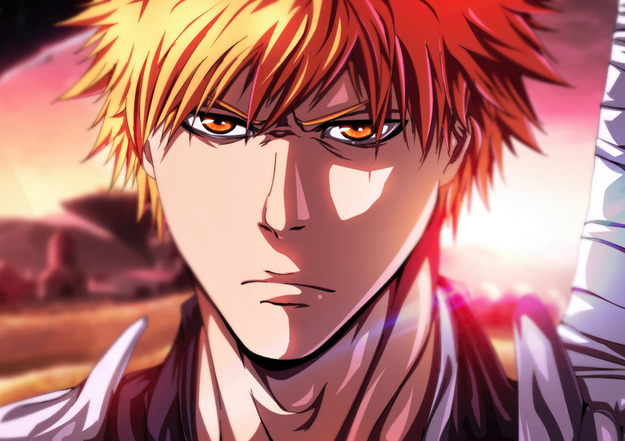 Ichigo Kurosaki – Portrait 3 - ichigo looking straight out, dusk light behind him, on a metal wall art plate