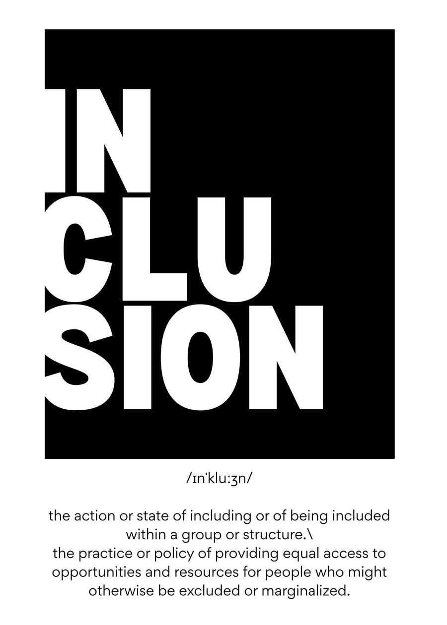 Inclusion – Definition - iNCLUSION reversed out of a black square, with the phonetic spelling /ɪnˈkluːʒn/ and the, on a metal wall art plate