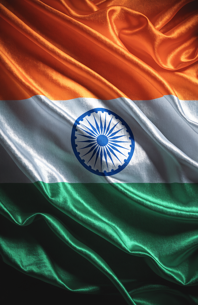 The Indian tricolour ripples in saffron, white and green satin, the navy Ashoka chakra turning at its heart