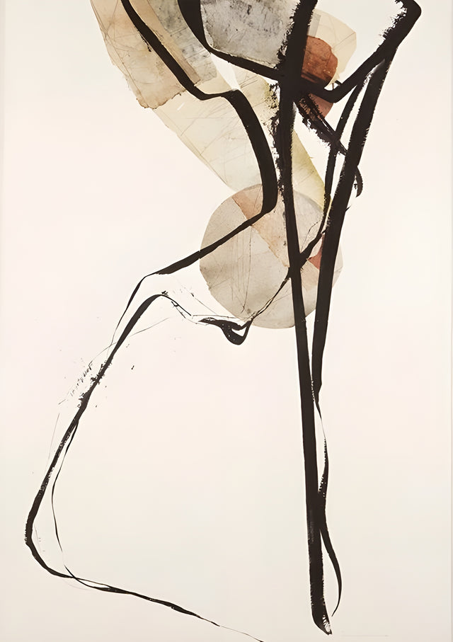 Ink and Circles - long ink lines falling through collaged circles on a blush ground, on a metal wall art plate