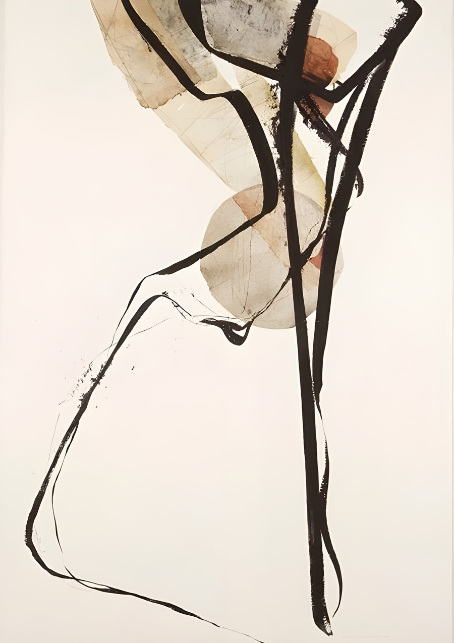 Ink and Circles - long ink lines falling through collaged circles on a blush ground, on a metal wall art plate