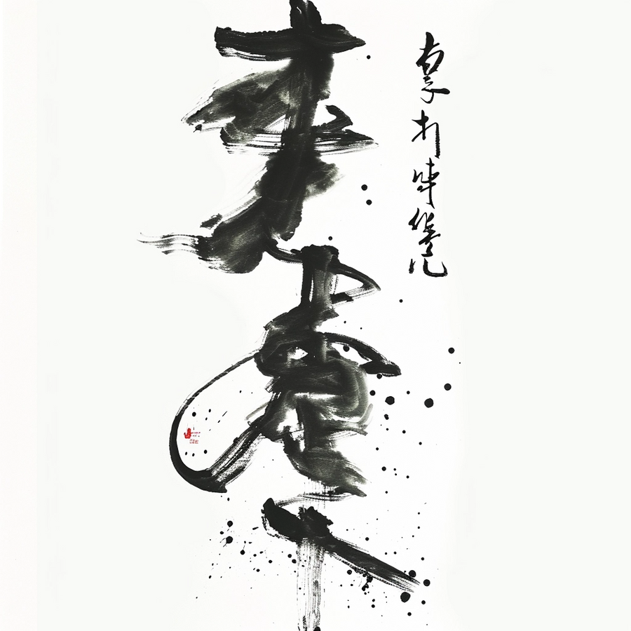 Ink Calligraphy - expressive black ink strokes and calligraphic marks create a dramatic vertical composition on a clean white ground