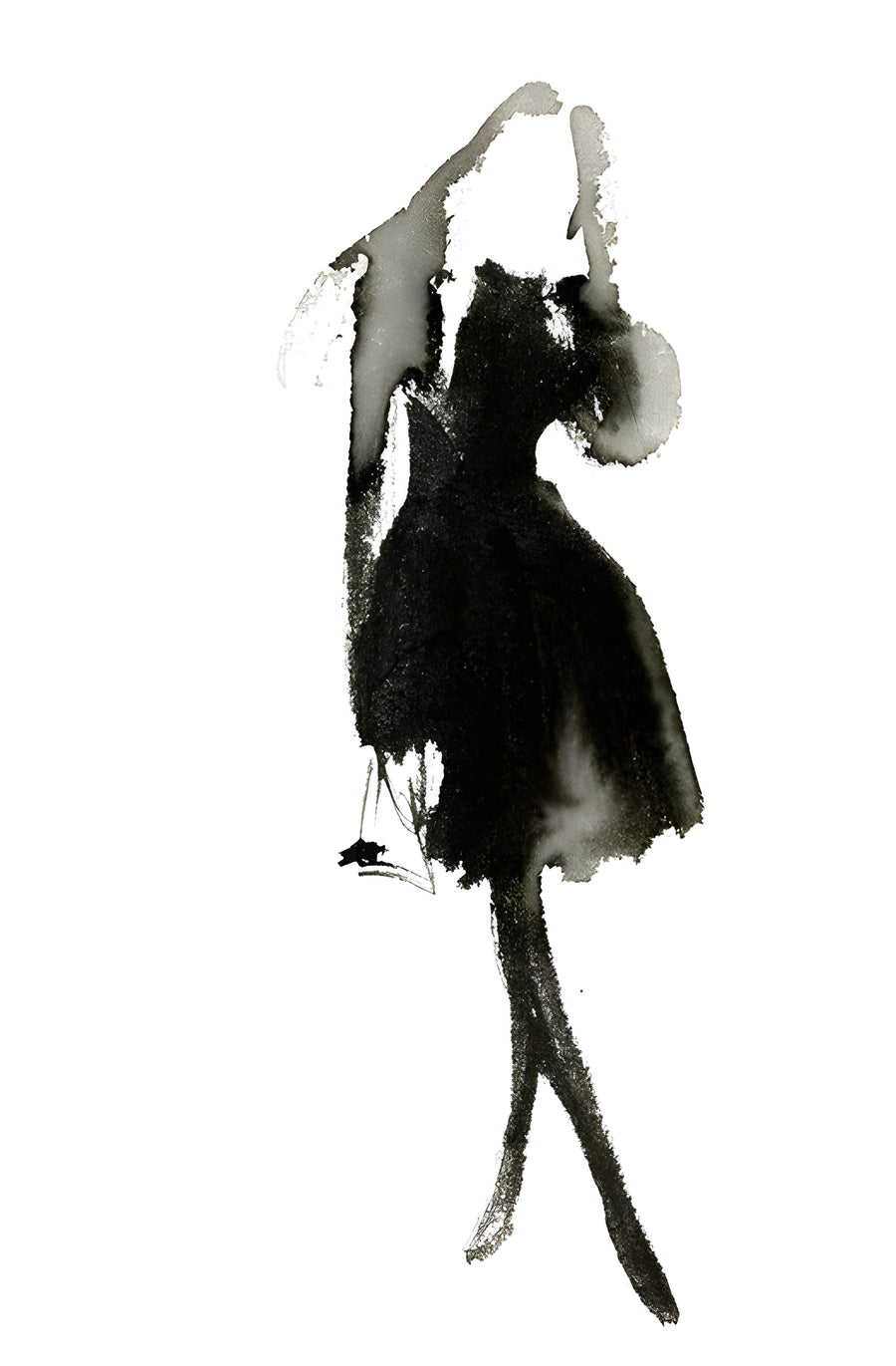 Ink Dancer - a dancer in a black ink dress, the skirt left as one wet blot and the legs as two strokes, on a metal wall art plate