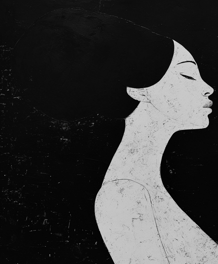 Ink Profile - a woman's profile in white against a heavy black field, the skin left raw and speckled, on a metal wall art plate