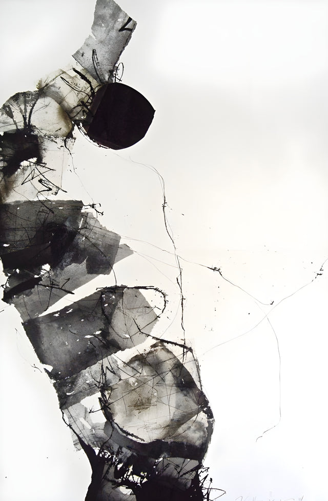Ink Torso - a torso built from ink washes and torn edges, drawn into with fine line, on a metal wall art plate