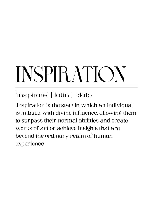 Inspiration – Definition - iNSPIRATION, set out as a dictionary entry: "inspirare" | latin | plato, on a metal wall art plate