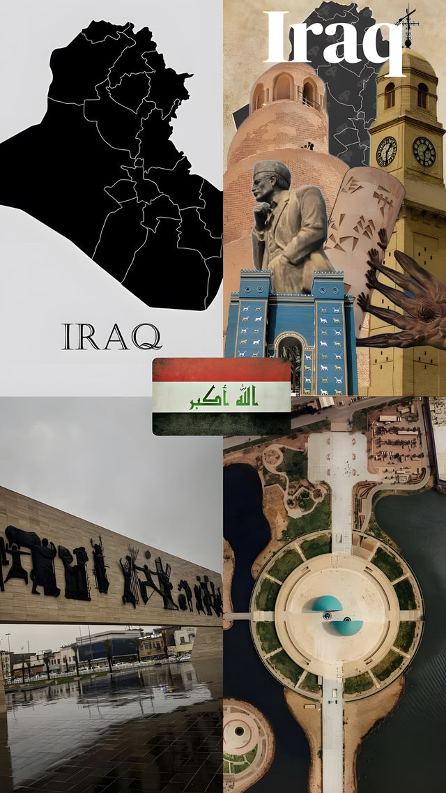The map, the Ishtar Gate, the clock tower and the monuments of Baghdad set together in one frame