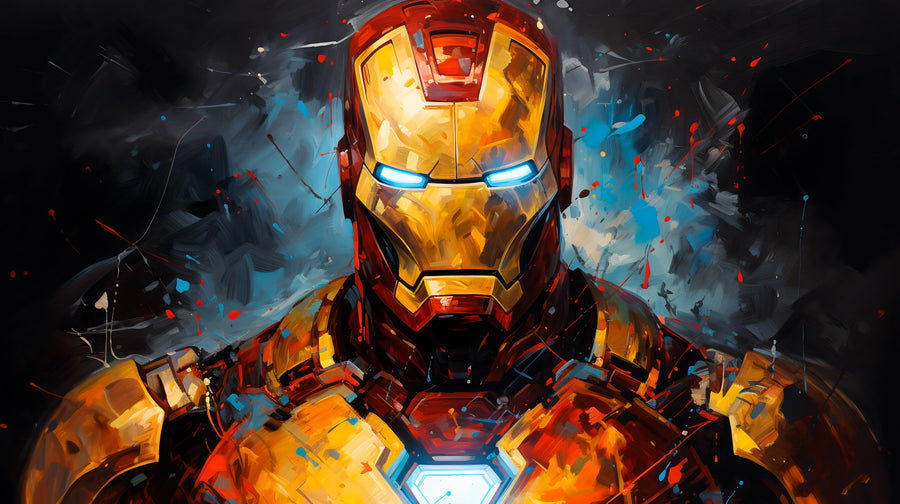 Iron Man – Helmet Glow - the helmet head on, eyes and chest lit cold against warm gold, on a metal wall art plate