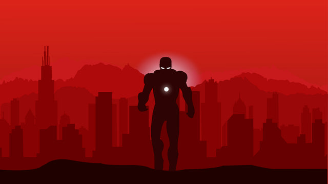 Iron Man – Red Skyline - the armour standing small against a flat red city, the chest light the only glare, on a metal wall art plate