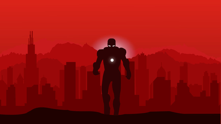 Iron Man – Red Skyline - the armour standing small against a flat red city, the chest light the only glare, on a metal wall art plate