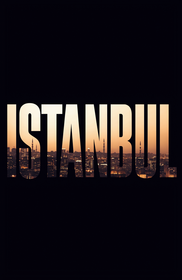 The name ISTANBUL is cut from the night skyline, minarets and warm city light showing through the letters