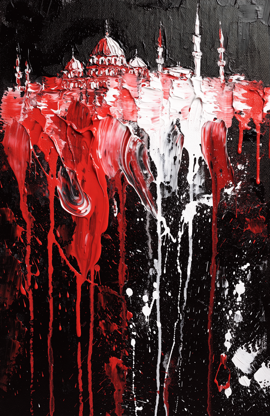 The minarets of Istanbul are laid down in thick palette-knife strokes, deep red and white running down the canvas