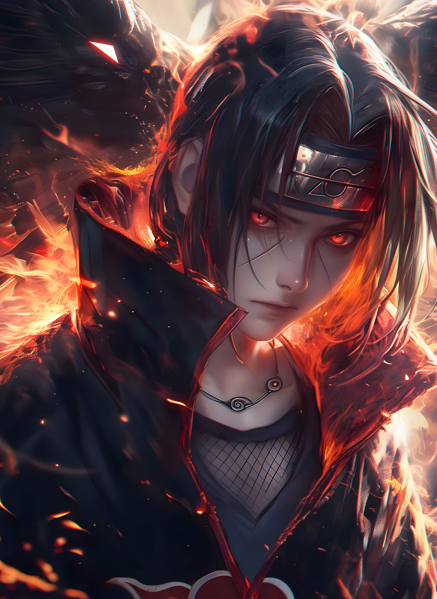 Itachi Uchiha – In Flame - itachi in the Akatsuki cloak, fire behind him, on a metal wall art plate