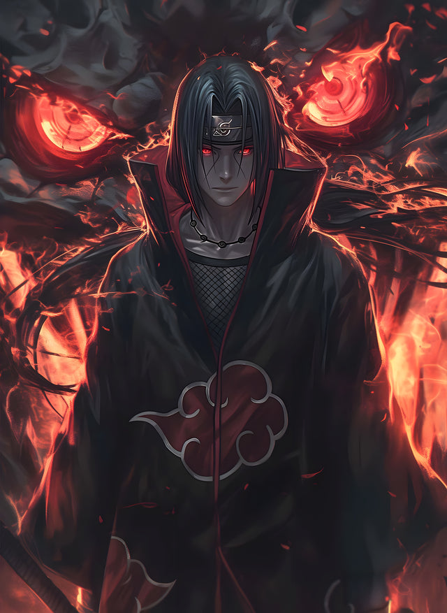 Itachi Uchiha – Sharingan - itachi with red sharingan eyes burning in the dark, on a metal wall art plate