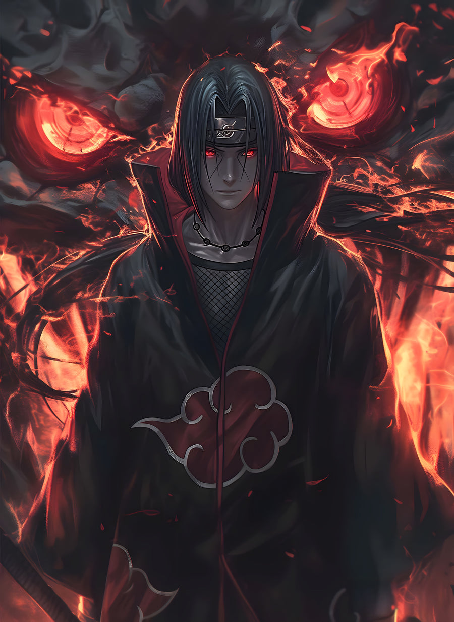 Itachi Uchiha – Sharingan - itachi with red sharingan eyes burning in the dark, on a metal wall art plate