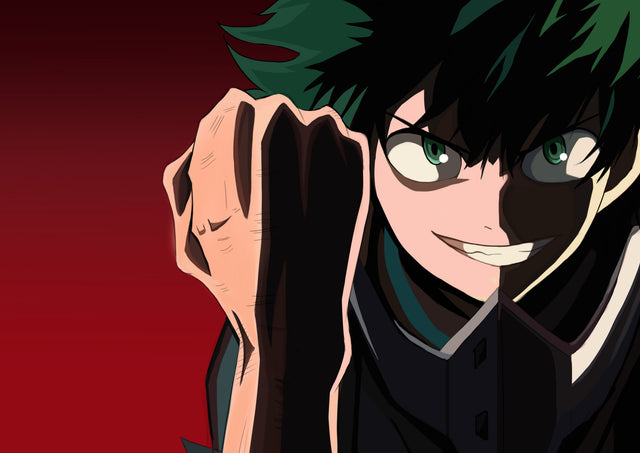 Izuku Midoriya – In Red - deku grinning with his fist raised against deep red, on a metal wall art plate