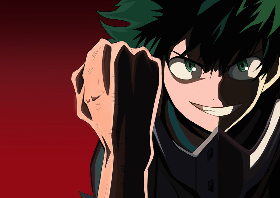 Izuku Midoriya – In Red - deku grinning with his fist raised against deep red, on a metal wall art plate