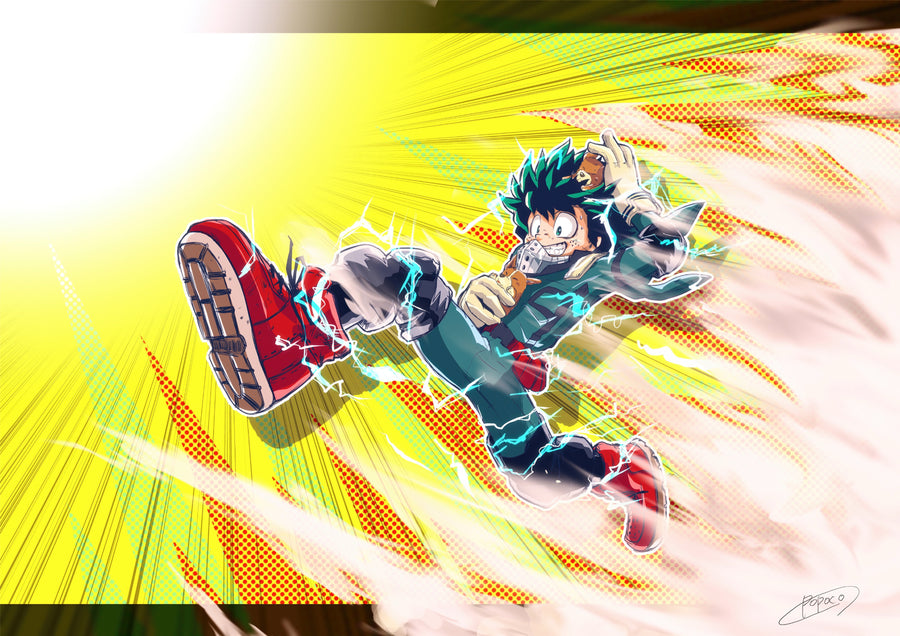 Izuku Midoriya – In Yellow - deku launching forward in green lightning against a yellow burst, on a metal wall art plate