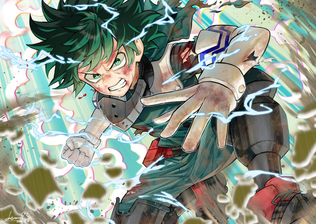 Izuku Midoriya – Lightning - deku surrounded by crackling green lightning, mid-leap, on a metal wall art plate