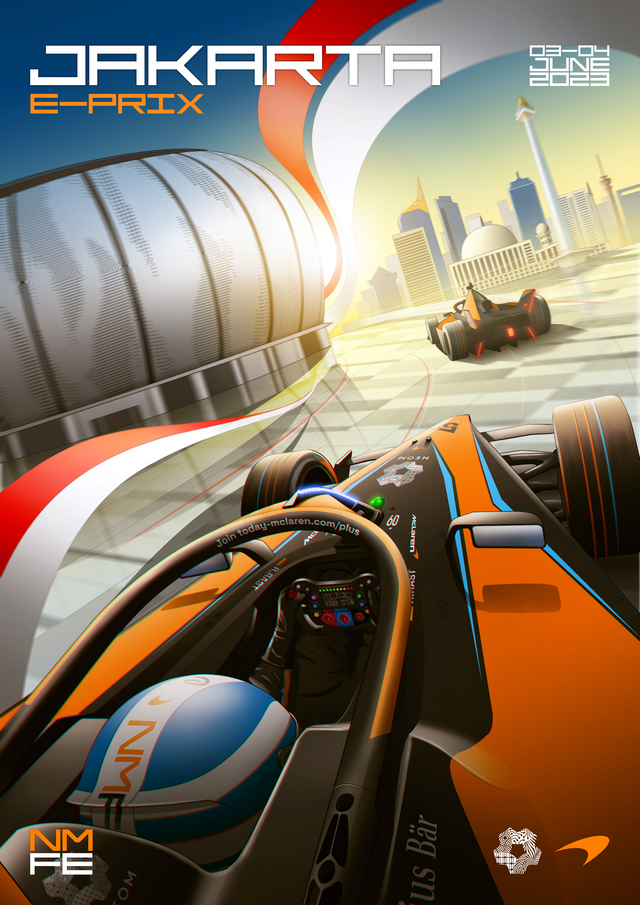 Jakarta E-Prix 2023 – Race Poster - an illustrated race poster for the Jakarta E-Prix 2023 — drawn in the graphic, flat-colour, on a metal wall art plate