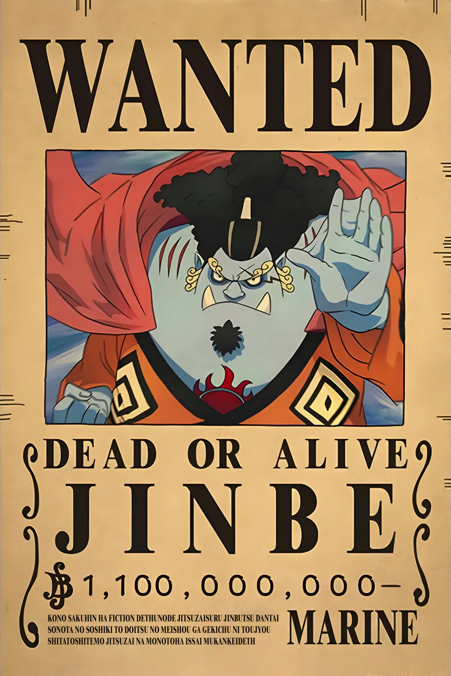 Jinbe – Bounty Poster - a bounty poster for Jinbe, 1,100,000,000 berries, dead or alive, on a metal wall art plate