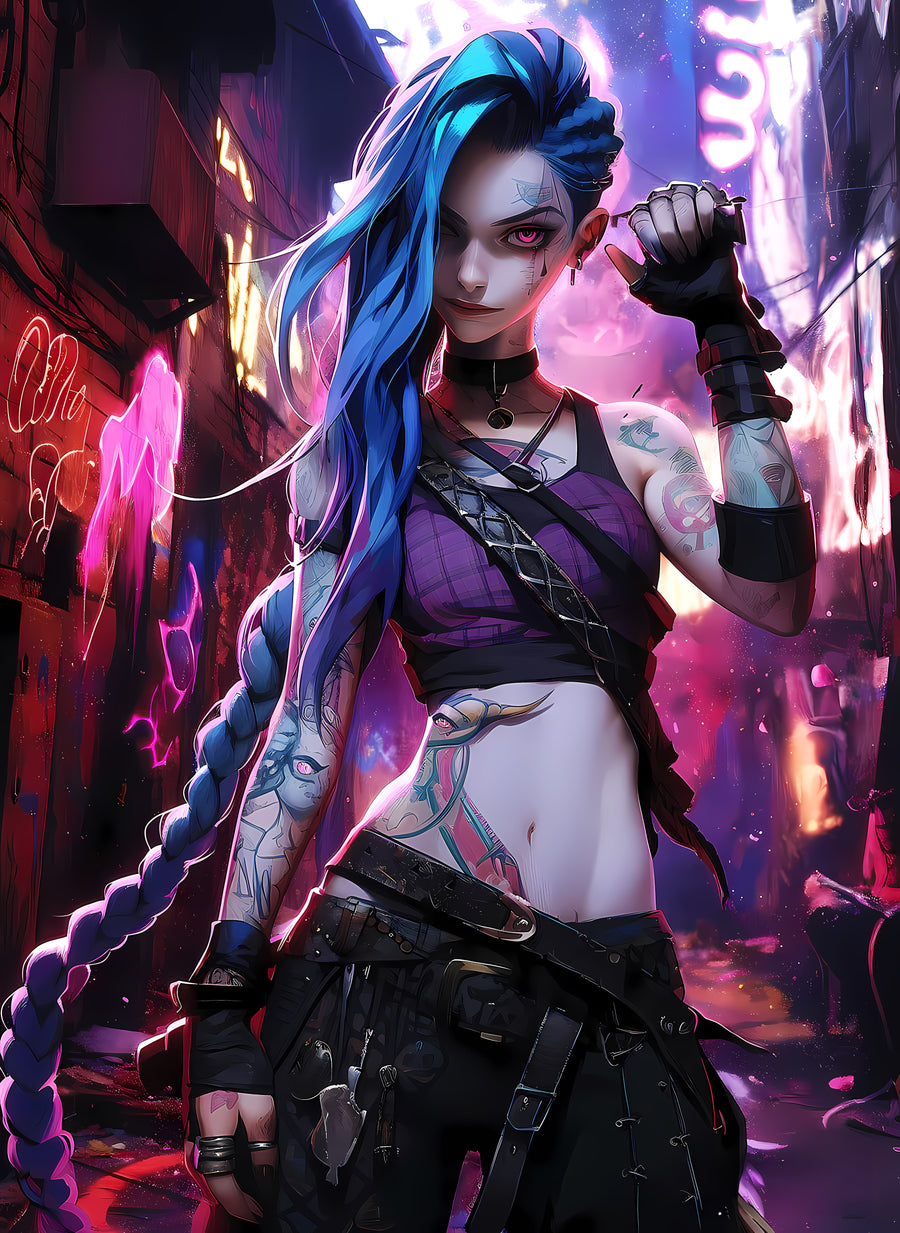 Jinx – In Blue - a blue-haired figure in a neon alley, fists up, on a metal wall art plate
