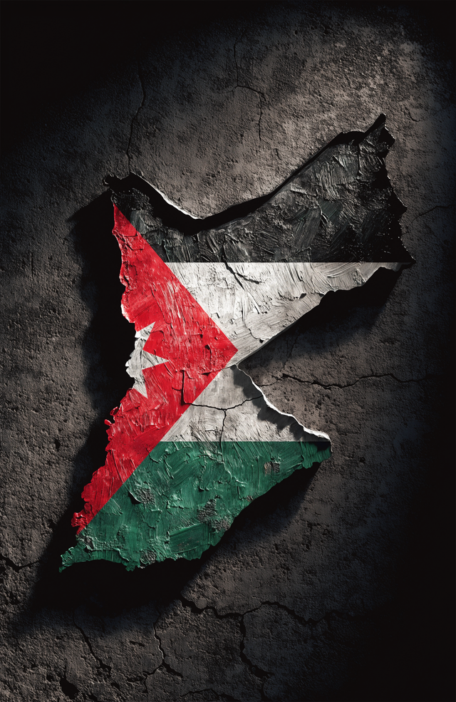 The map of Jordan is painted straight onto dark weathered concrete, the red triangle and white star worn into the surface