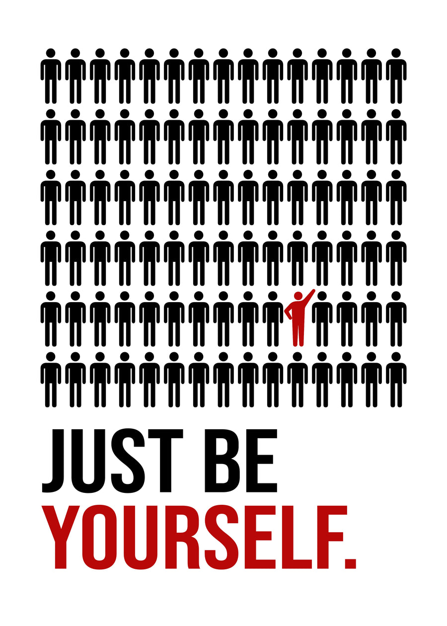 Just Be Yourself - “Just be yourself” — a grid of identical figures with one in red, arms up, black and red on, on a metal wall art plate