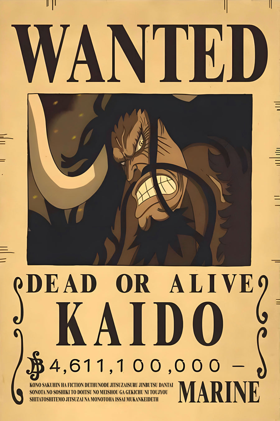 Kaido – Bounty Poster - a bounty poster for Kaido, 4,611,100,000 berries, dead or alive, on a metal wall art plate