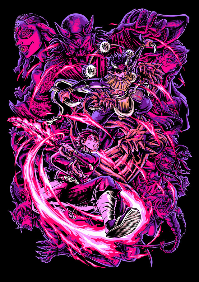 Kaido – In Violet - a dense neon-pink and purple montage of the Wano arc cast, on a metal wall art plate
