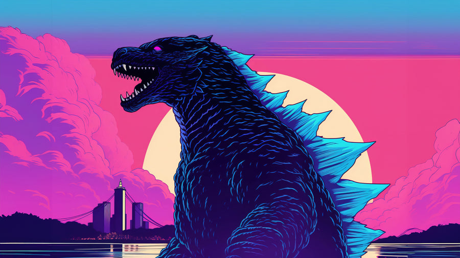 Kaiju – Synthwave Bay - the monster wading through a neon bay, a huge sun setting behind it, on a metal wall art plate